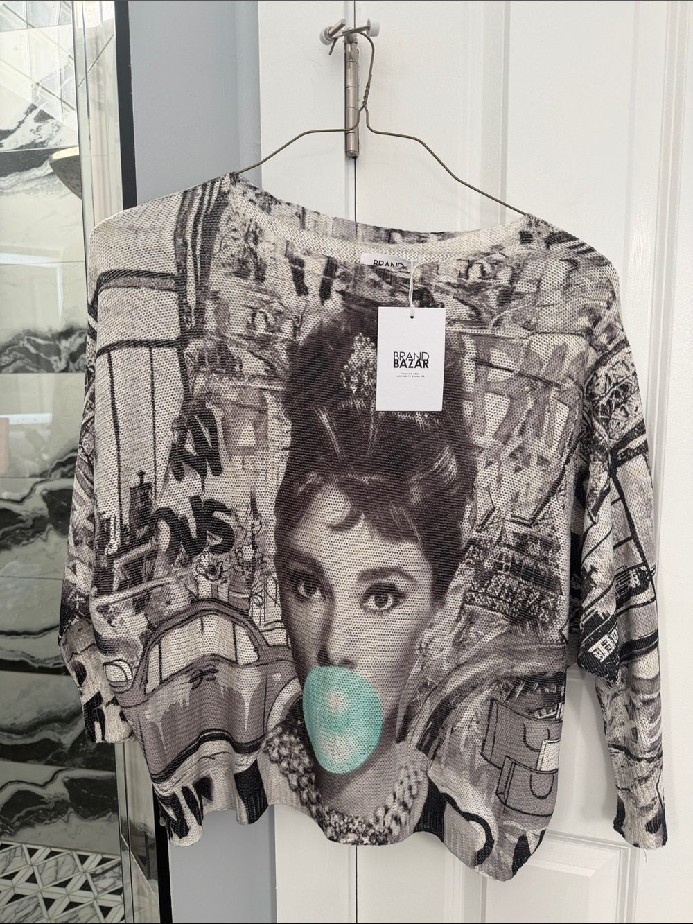 Brand Bazar Audrey Hepburn Graphic Pullover in Black & White with Mint Accent